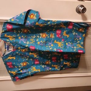 27  MHD Scrubs women MEDIUM medical  Top- teal Yellow giraffe Monkeyp2p 24